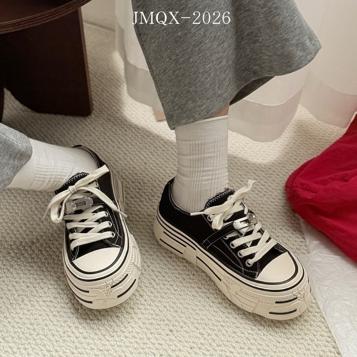 Women's Spring Red Black Double Color Lock Two-way Platform Canvas Shoes