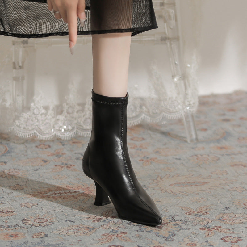 Women's White Ankle High French Stiletto Pointed Toe Back Zipper Women's Leather Boots