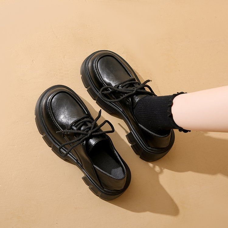 Women's Platform Black Chunky Height Increasing Commuter French Pumps British Women's Fashion Shoes