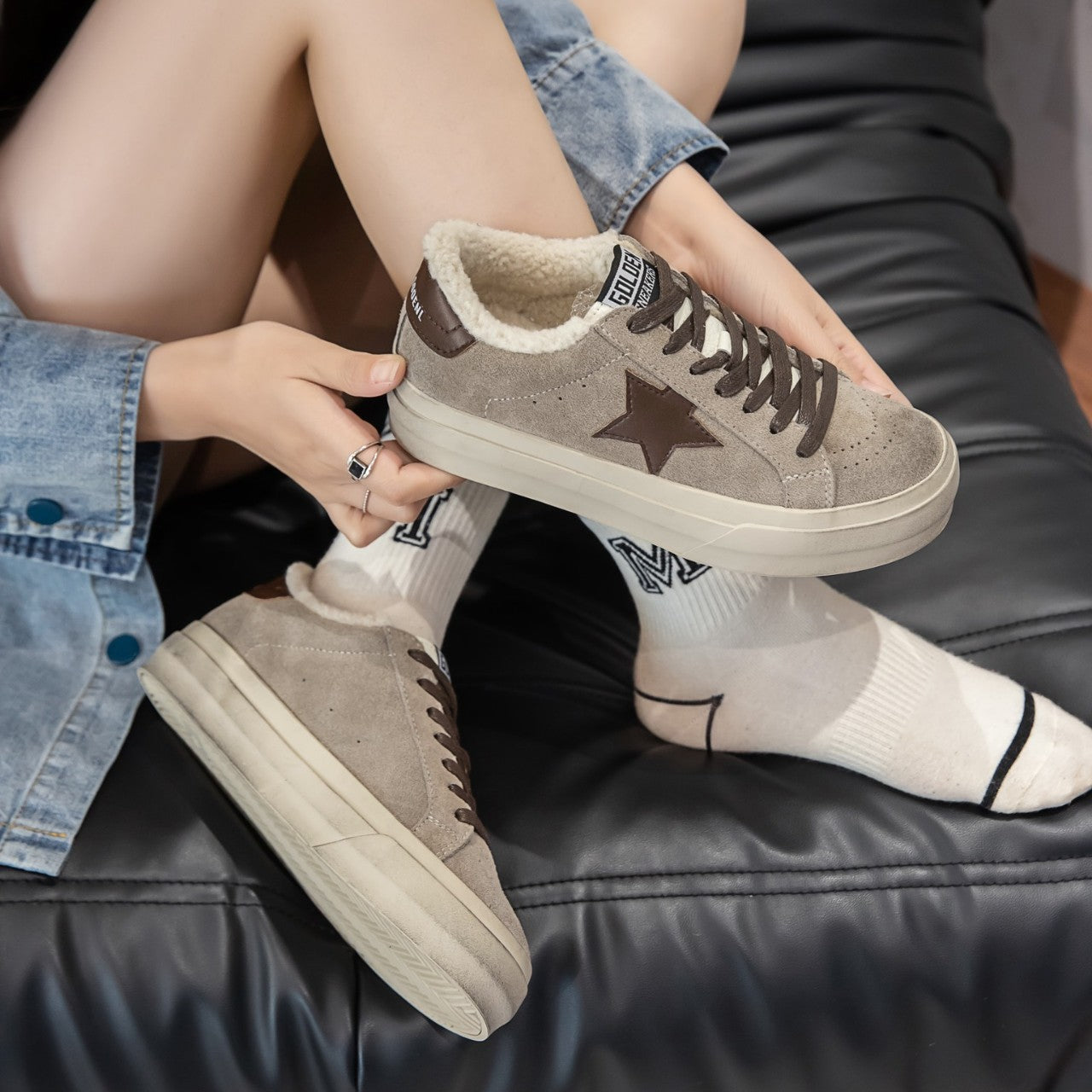 Women's Star Little Dirty Winter Vintage Distressed Plus Veet Warm Fashion Sneakers