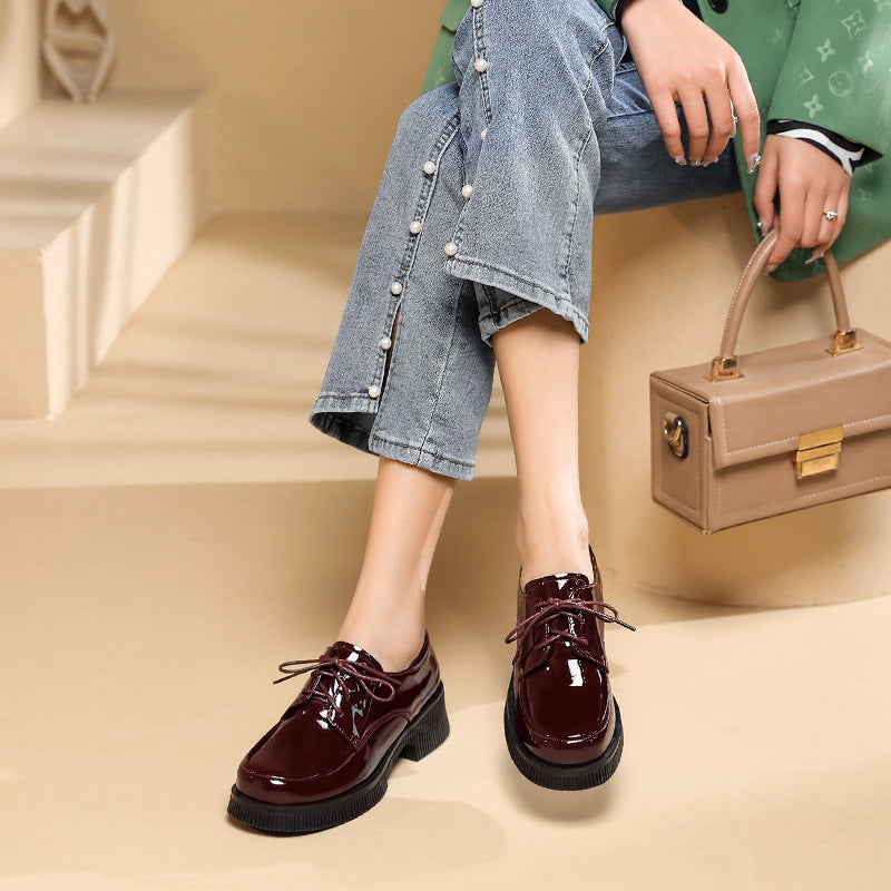Women's Patent Small British Style Mid Chunky Women's Shoes