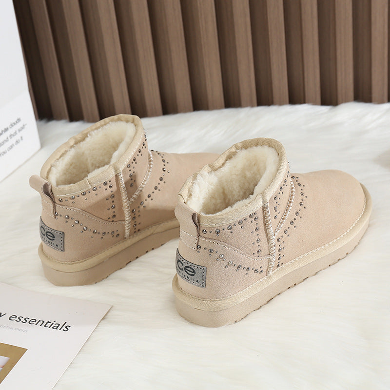 Women's Hot Drilling Round Head Plus Veet Warm Snow Boots