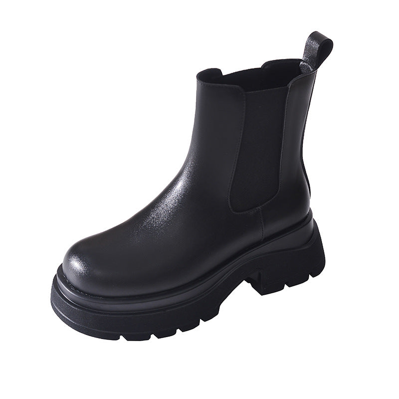 Women's Chunky Thick Bottom Single Chelsea Black Smoke Pipe Boots