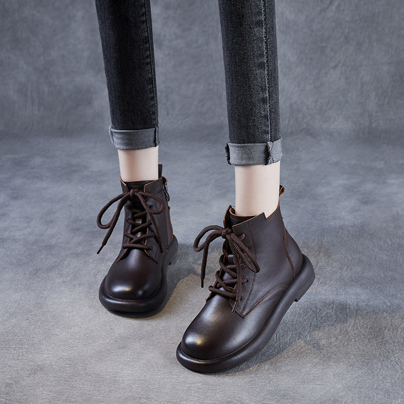 Women's Layer Cowhide Martin Retro British Style Short Women's Leather Boots