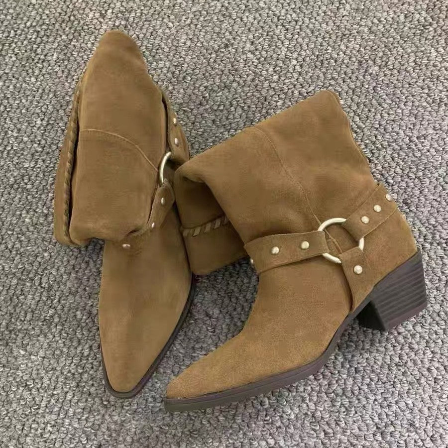 Women's Sheepskin Version Retro Minority Pointed Toe Chunky Rivet Thigh High Boots
