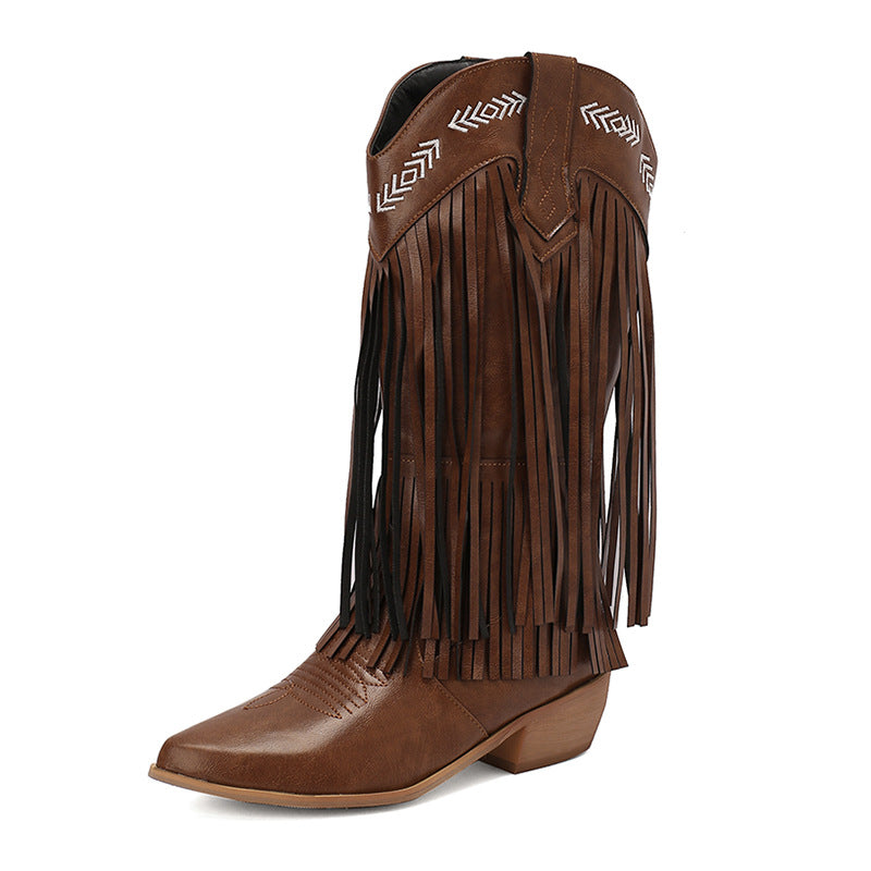 Women's Mid Pointed Western Tassel Embroidery Women's Leather Boots
