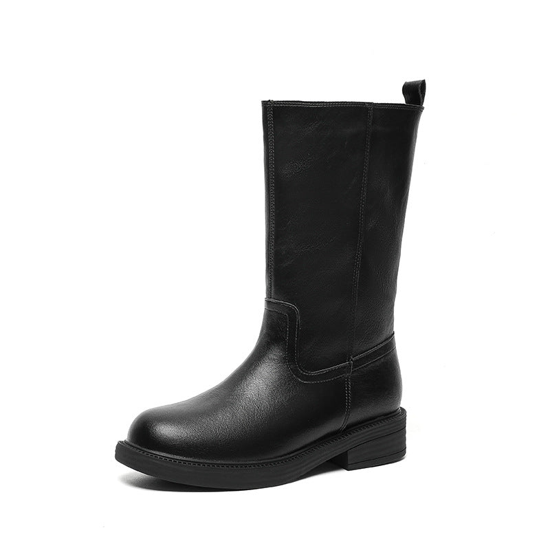 Women's Chunky Platform For Retro Style Pleated Pile Round Toe Wide Women's Leather Boots