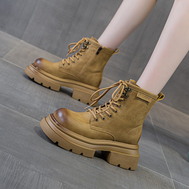 Women's Platform Martin Autumn Fashion Retro Ankle Big Head Women's Leather Boots