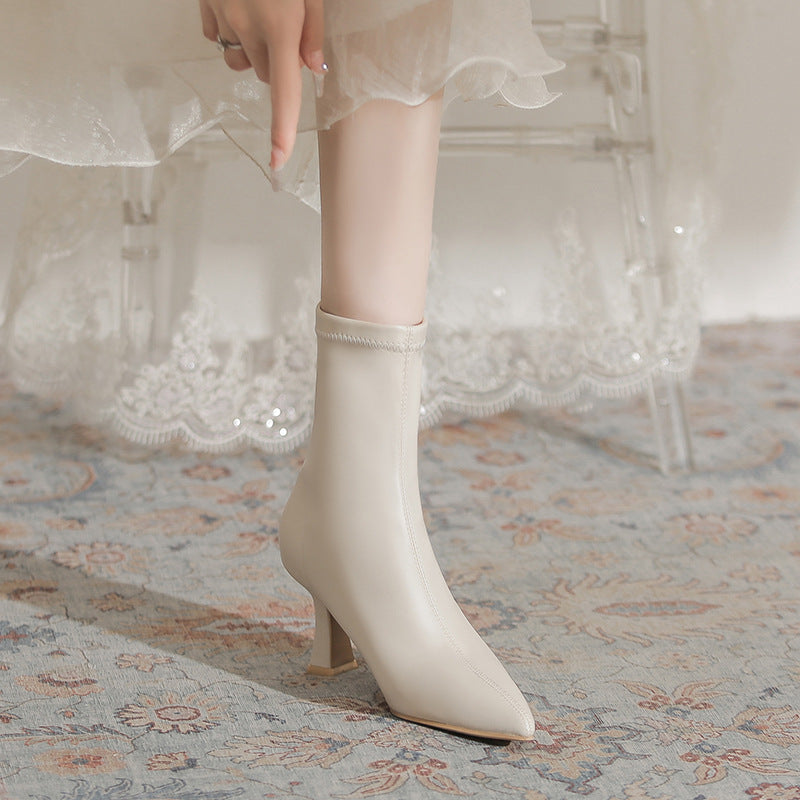 Women's White Ankle High French Stiletto Pointed Toe Back Zipper Women's Leather Boots