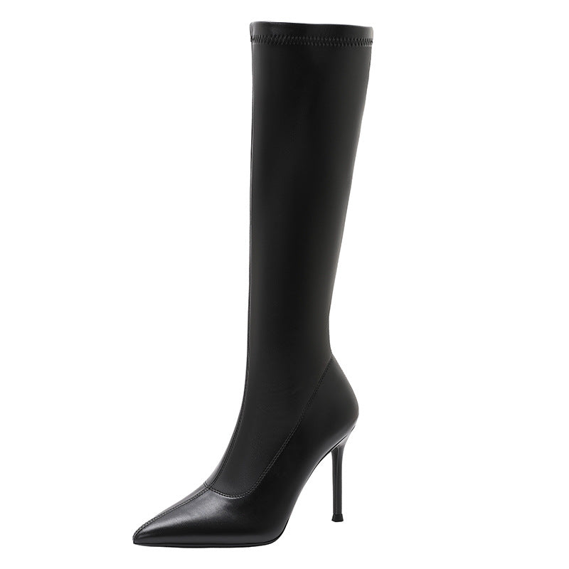 Women's Pointed Stiletto Stretch Thin Below The Knee Women's Leather Boots