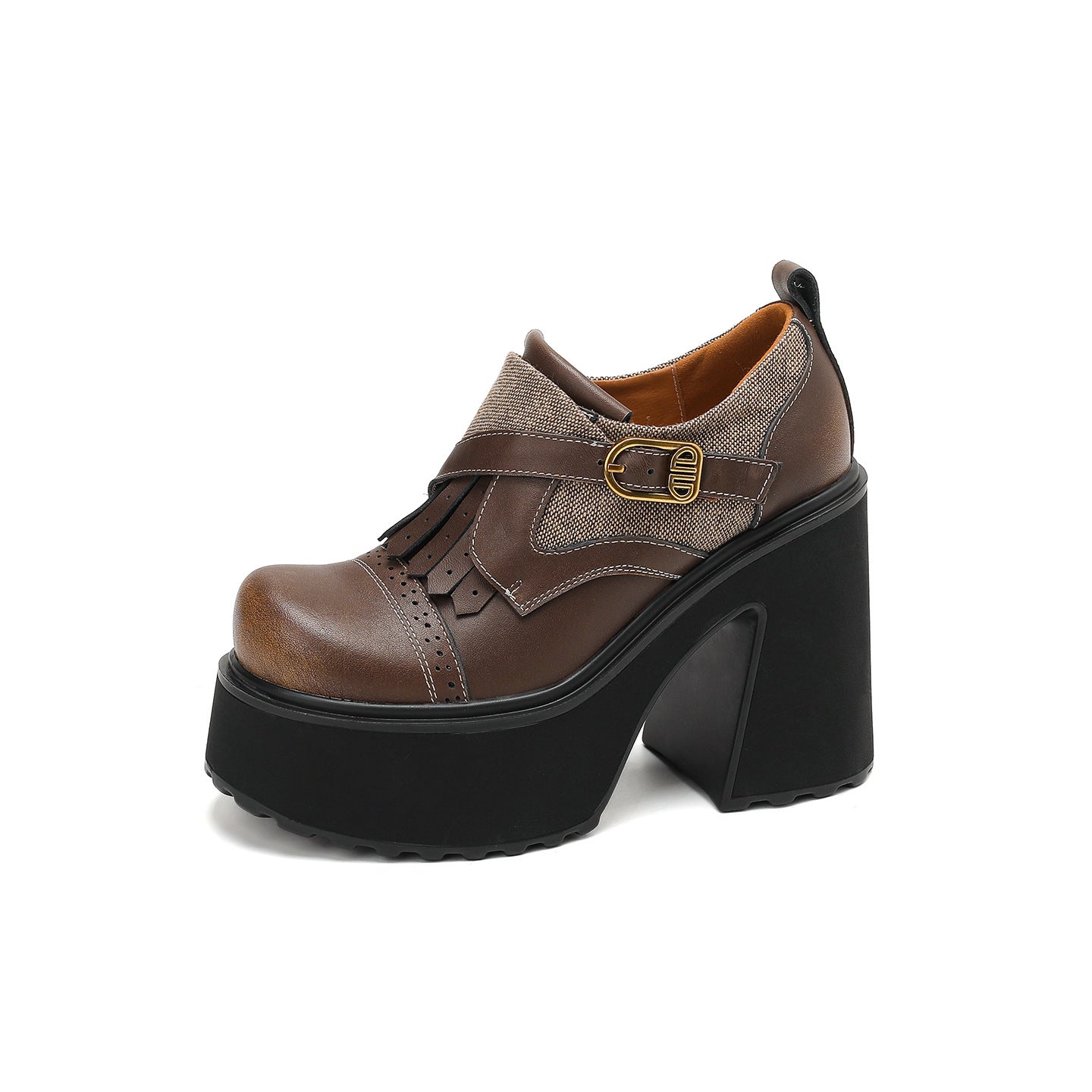 Women's Style Retro Chunky Super High Cowhide Stitching Small Heels