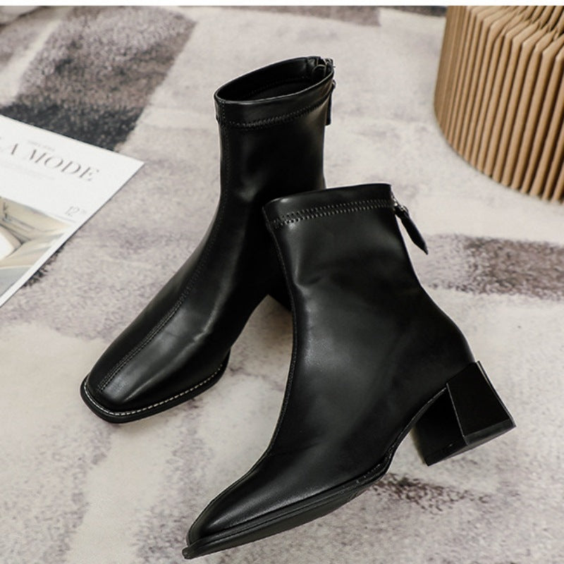 Women's Thin Fleece-lined French Style Booties Chunky Boots