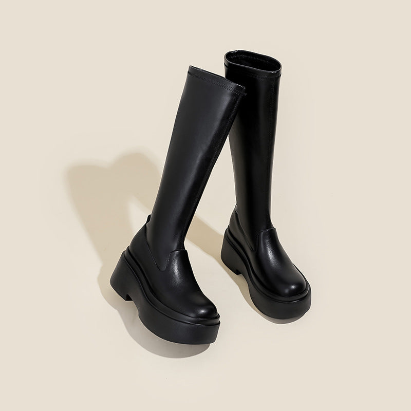 Women's Thick Sole Height Increasing Small Below The Knee Leg Women's Leather Boots