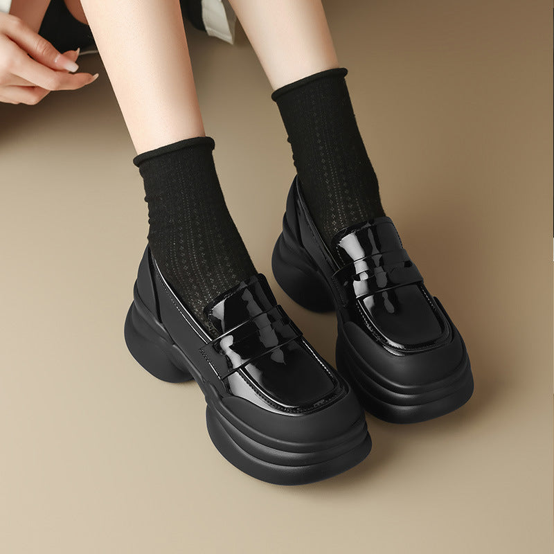 Women's French Chunky Black Comfortable Increased Slip-on Loafers