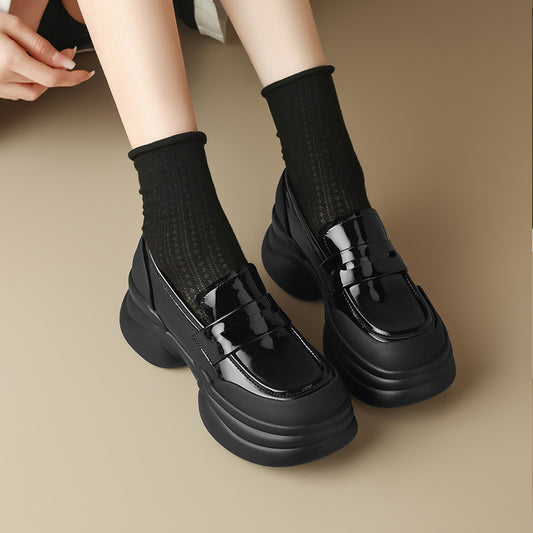 Women's French Chunky Black Comfortable Increased Slip-on Loafers