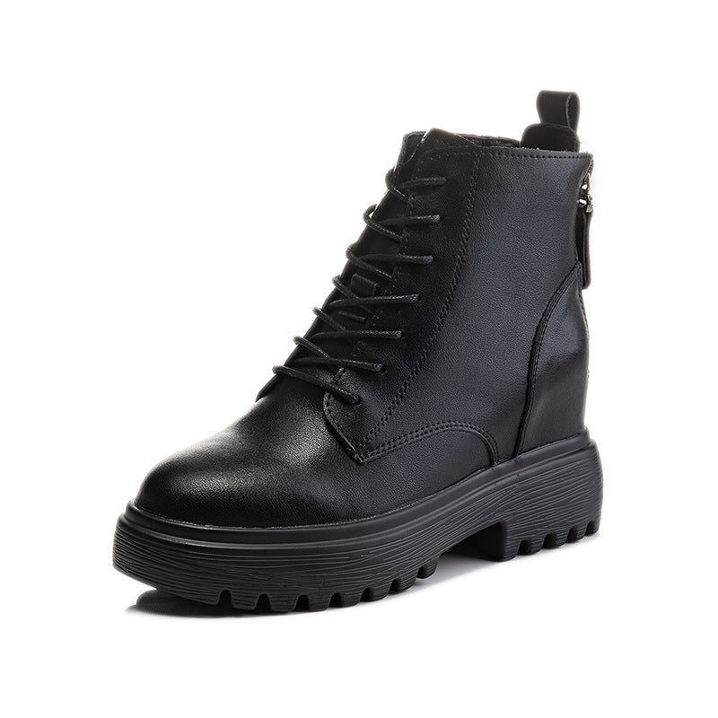 Women's Double Zipper Martin Fashionable Height Increasing Insole Short Women's Leather Boots
