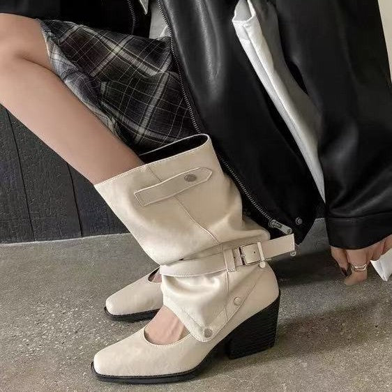 Women's Western Cowboy Pleated Pile Pants Pipe Black Round Retro Women's Leather Boots