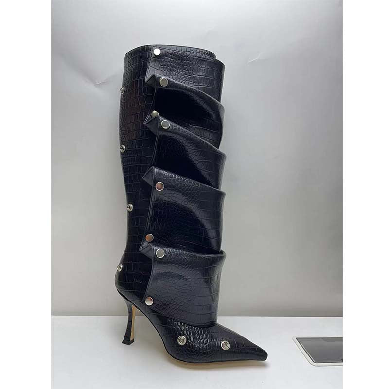 Women's High Metal Rivet Denim Stitching Two-way Pile Style Knee-length Large Women's Leather Boots