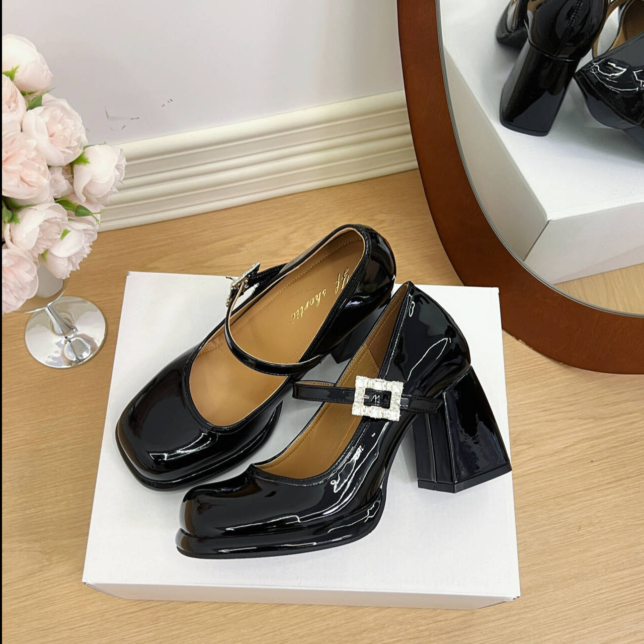 Women's Style Rhinestones Strap Mary Jane Spring Chunky High Patent Women's Fashion Shoes