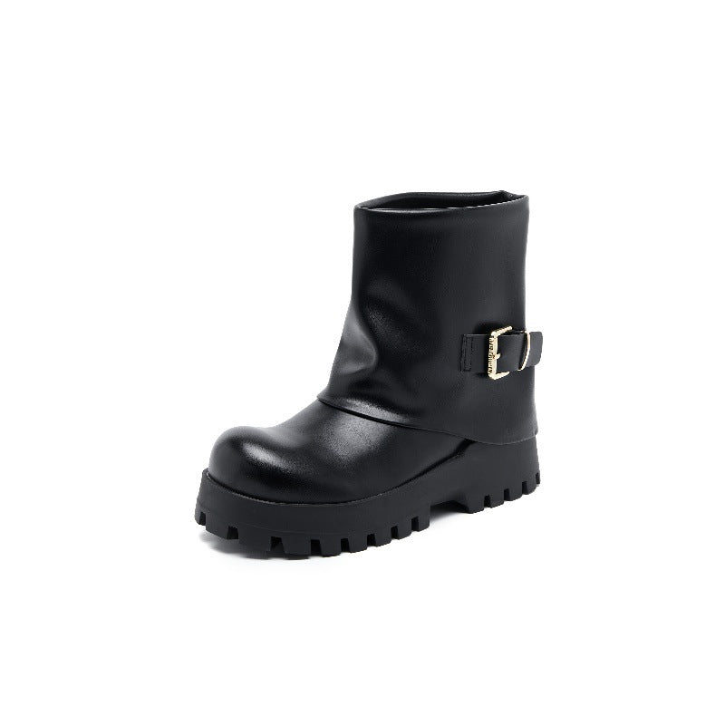 Women's Toe Short Platform Pile Style Belt Buckle Women's Leather Boots
