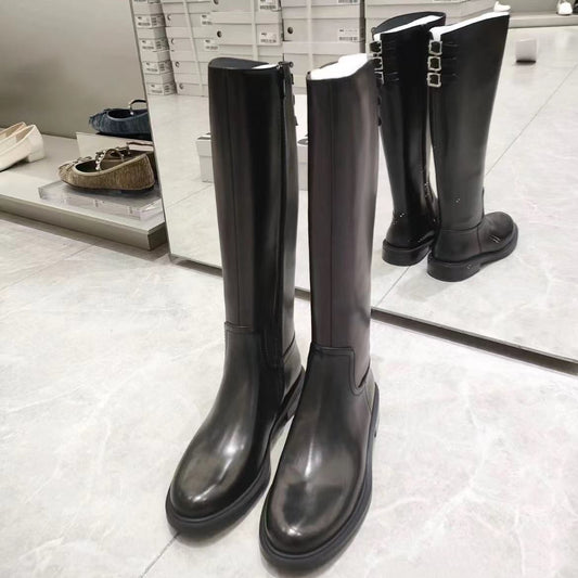 Women's Round Head Chunky High Leg Below The Women's Leather Boots