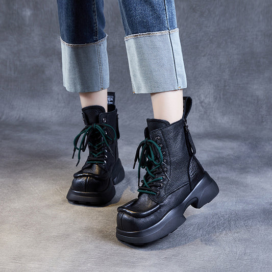 Female Square Toe Thick Bottom Martin Top Layer Women's Shoes