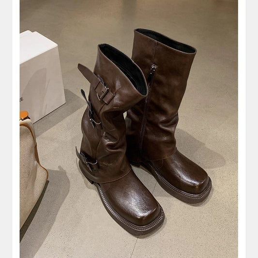 Mom Height Increasing Fashionable Belt Buckle Head Pleated Boots