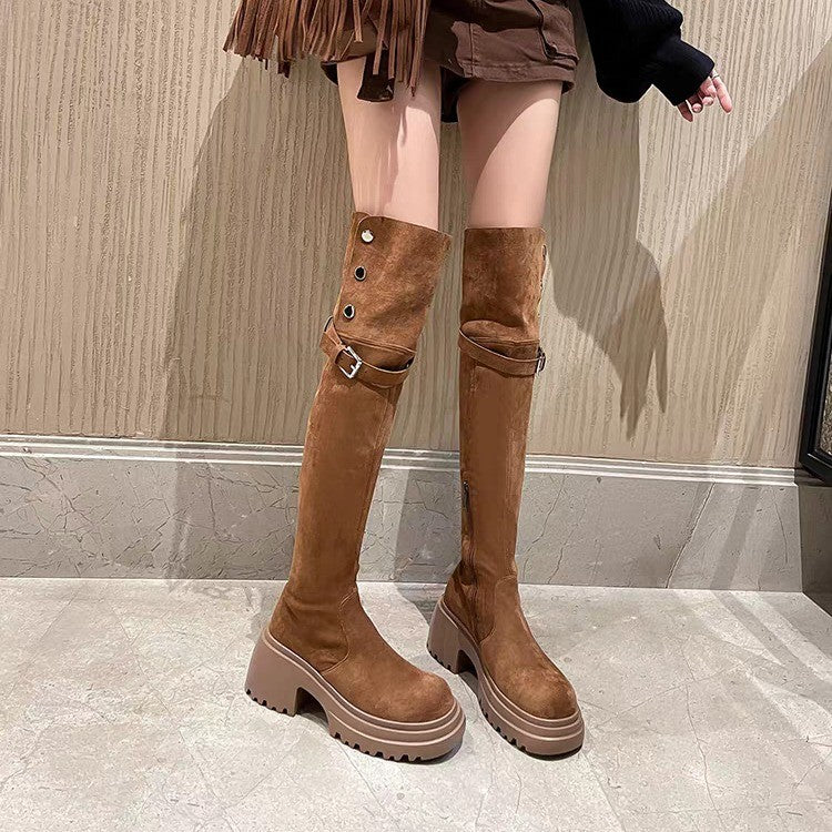 Women's Knee-high Fleece-lined Over The Knee Brown Thick Women's Leather Boots