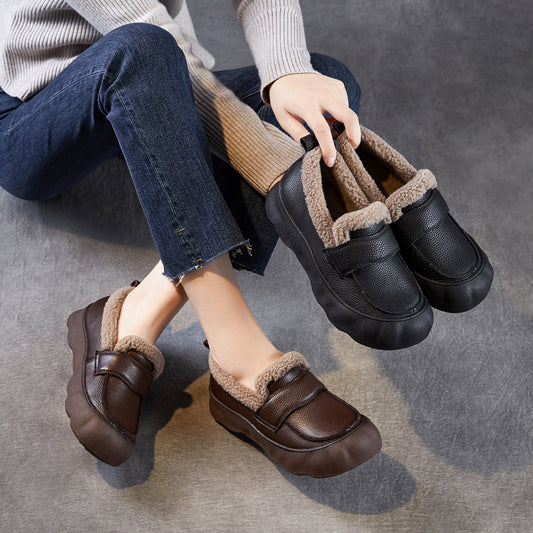 Layer Cowhide Slip-on Furry Mouth Flat Bottom Soft Leather Shoes