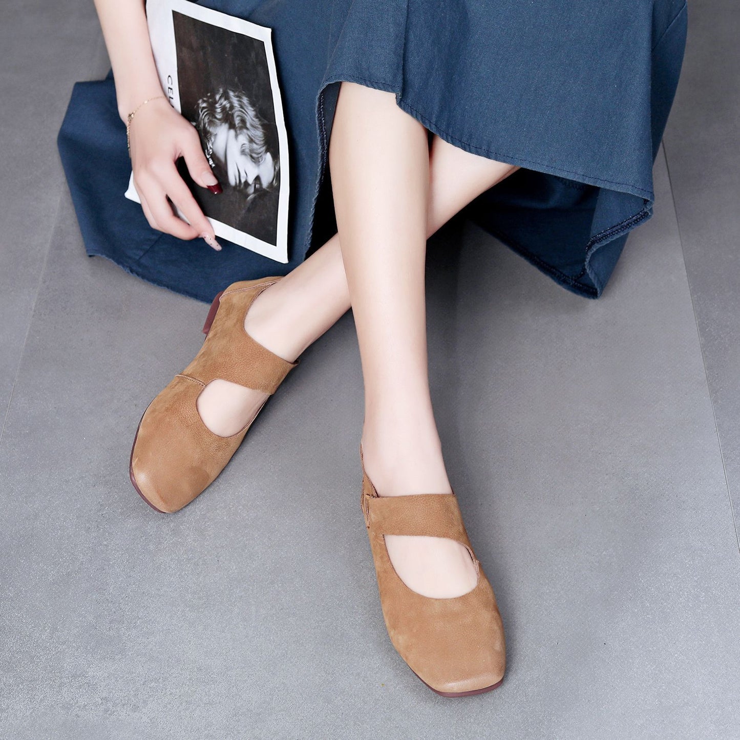 Women's Retro Mori Style Genuine Square Toe Soft Bottom Women's Shoes