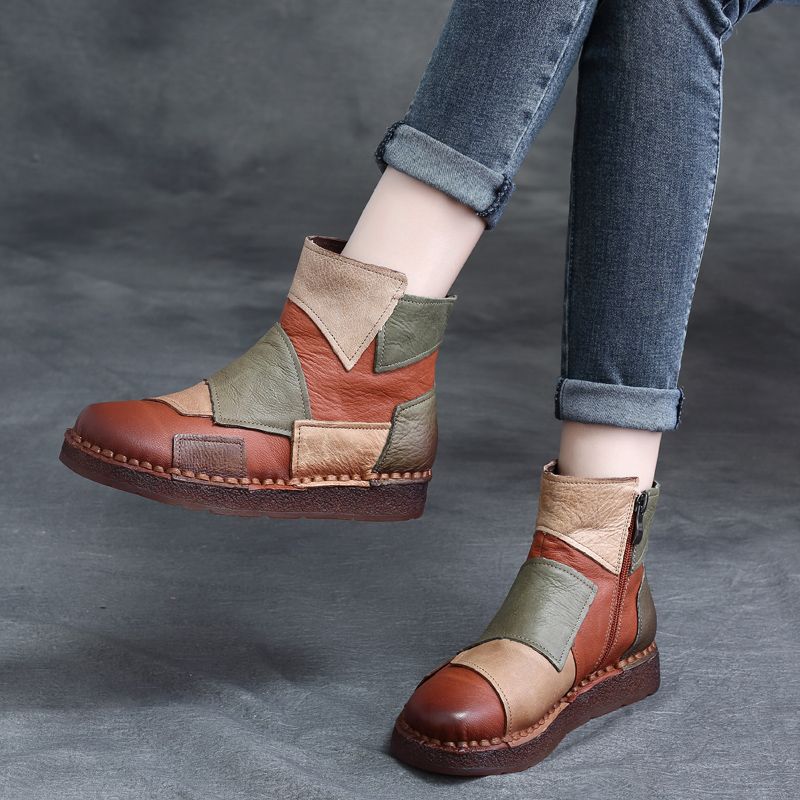 Ethnic Style Personality Handmade Retro Patchwork Ankle Women's Leather Boots