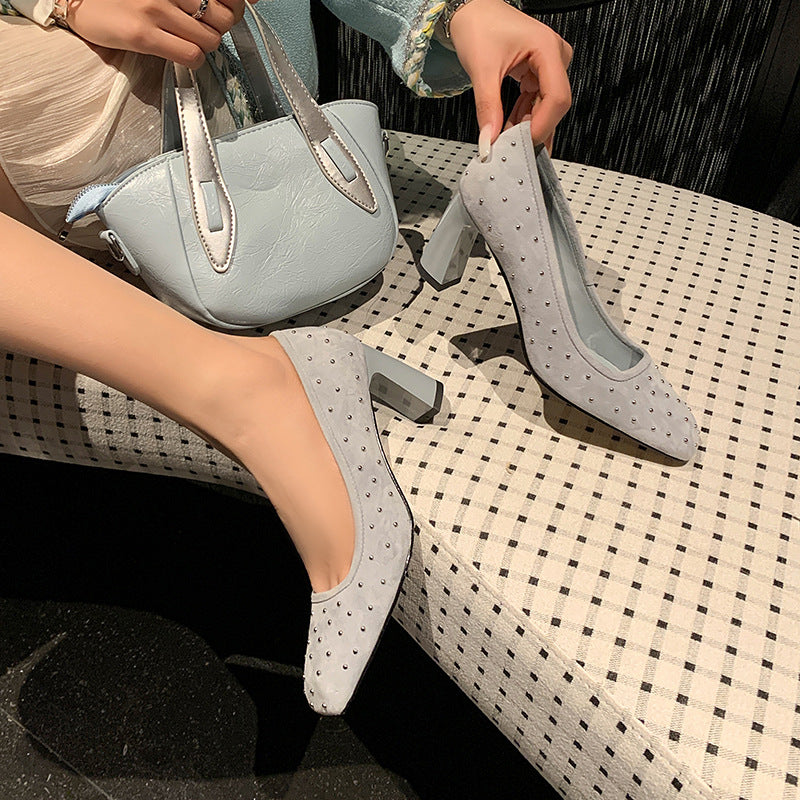 Women's Starry Sheepskin Affordable Luxury Style Rivet Square Toe Chunky Low-cut Heels