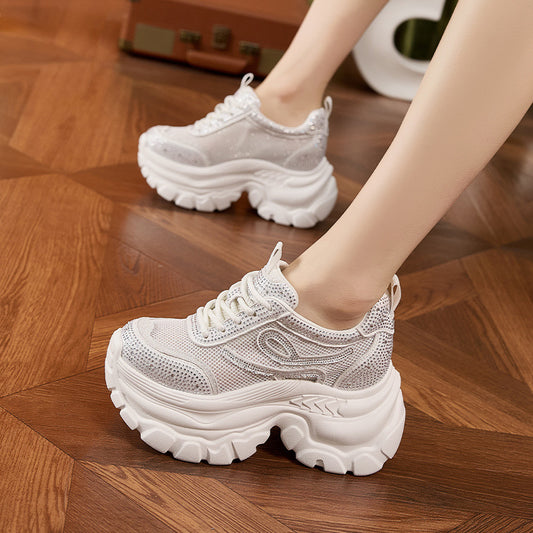 Women's Platform Dad Korean Rhinestone Height Increasing Sneakers