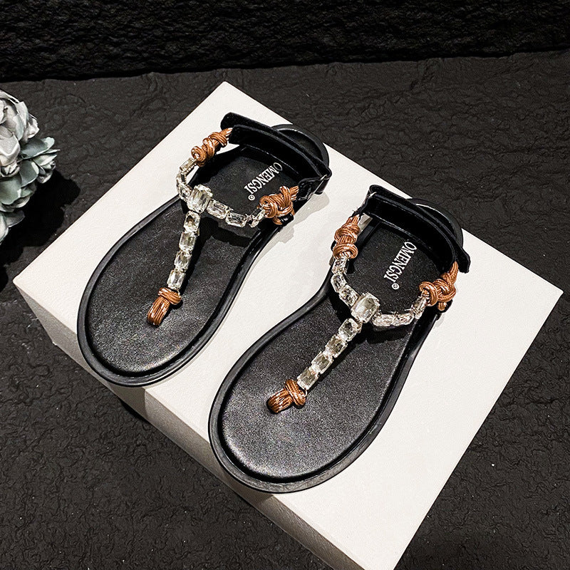 Women's Sparkling Rhinestones Flat Bends Hitches Outer Sandals