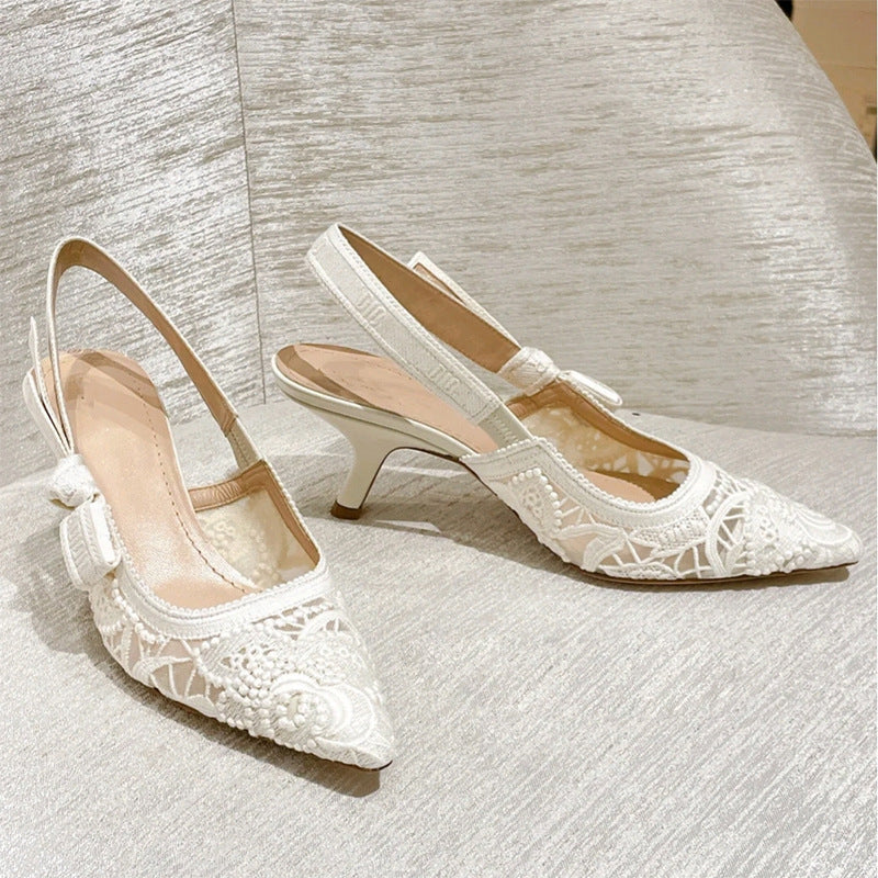 Women's Letter Lace Wedding Mesh Flat Kitten Pointed Sandals
