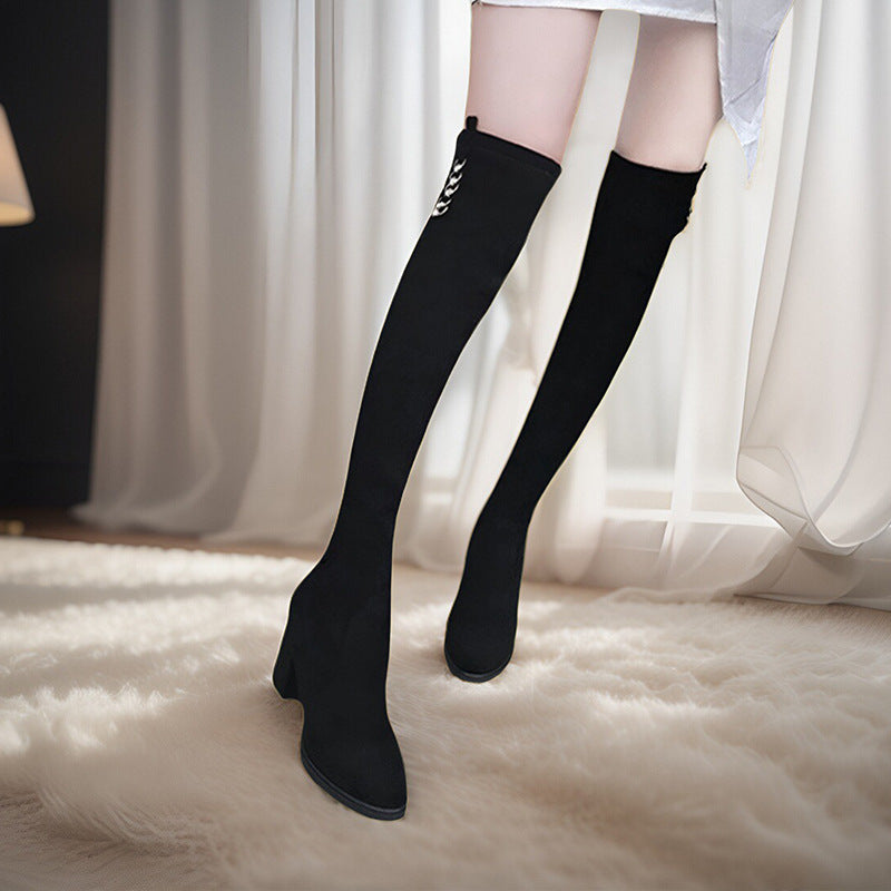 Women's Chunky Stretch High Long Round Head Slimming Over The Knee Heels