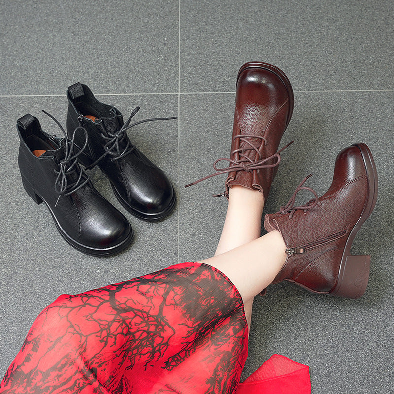 Women's Round Toe Mid Short First Layer Cowhide Women's Cotton Shoes