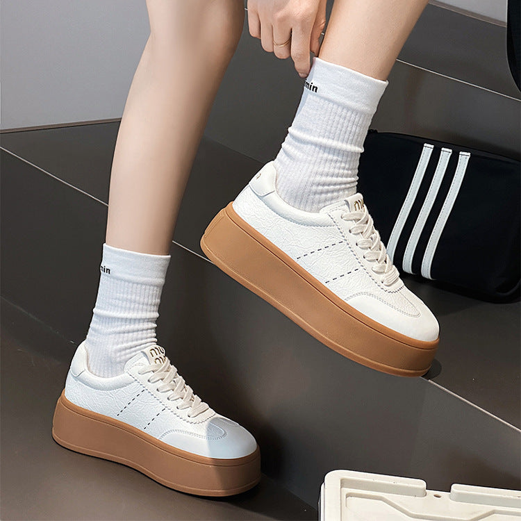 Women's White Spring Fashionable Flat Height Increasing Sneakers