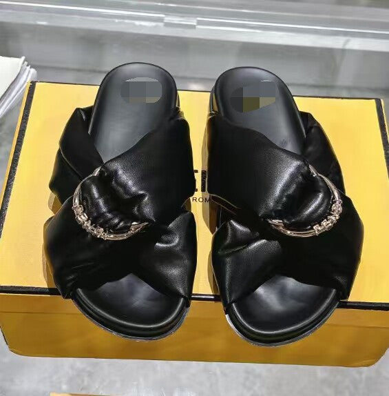 Platform Satin Drawstring For Outdoors Beach Pleated Flat Sandals