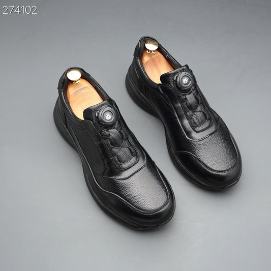 Men's Cowhide Versatile Button Automatic Buckle Commute Leisure Thick Men's Casual Leather Shoes