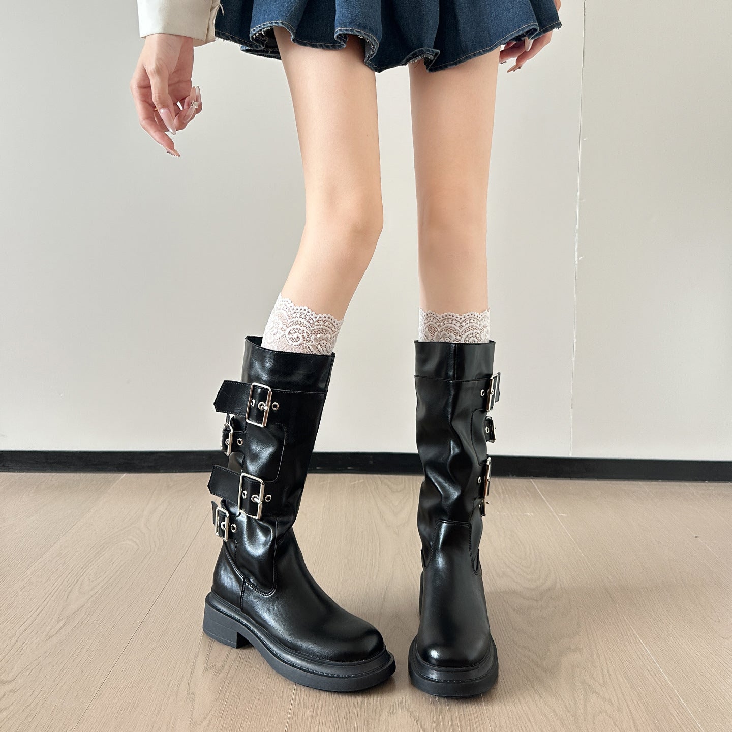 Women's Style Tube Knight Belt Buckle Thick Boots