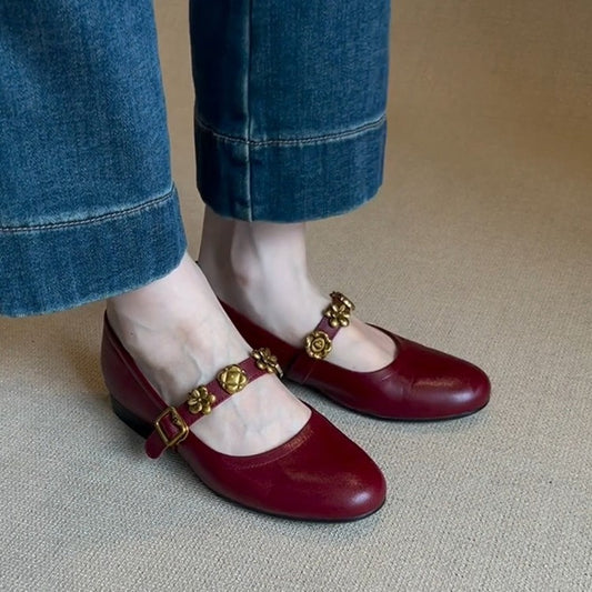 Women's Metal Buckle Genuine Mary Jane French Women's Shoes