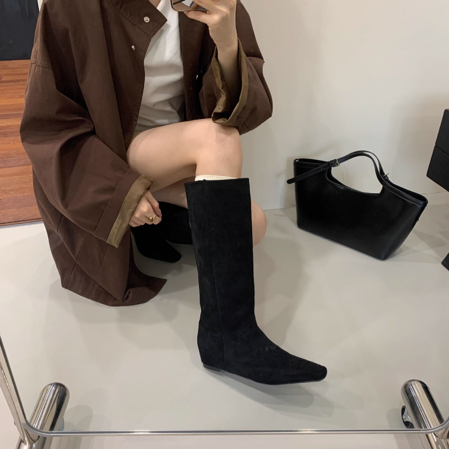 Women's Height Increasing Insole Retro Below The Knee Women's Leather Boots
