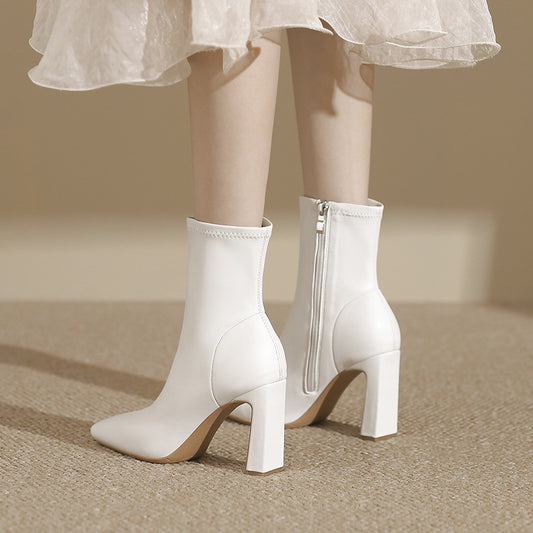 Women's High Booties Chunky Square Toe Skinny Boots