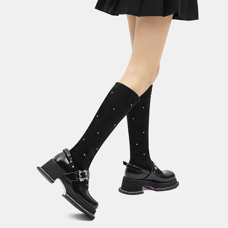 Mary Jane Suede Below The Knee Boots