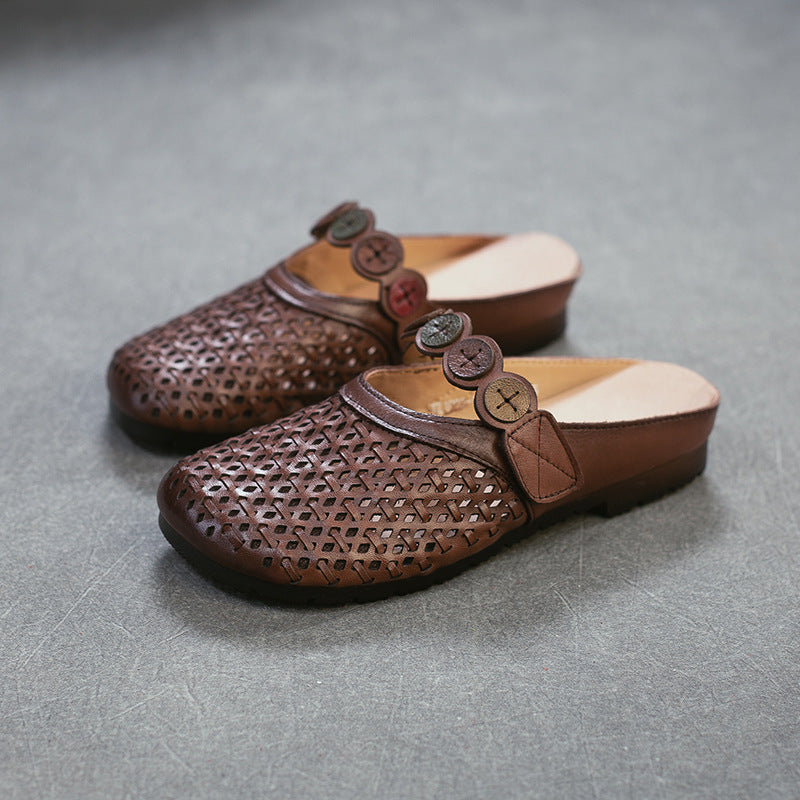 Women's First Layer Cowhide Outer Wear Hollow Breathable Flat Slippers