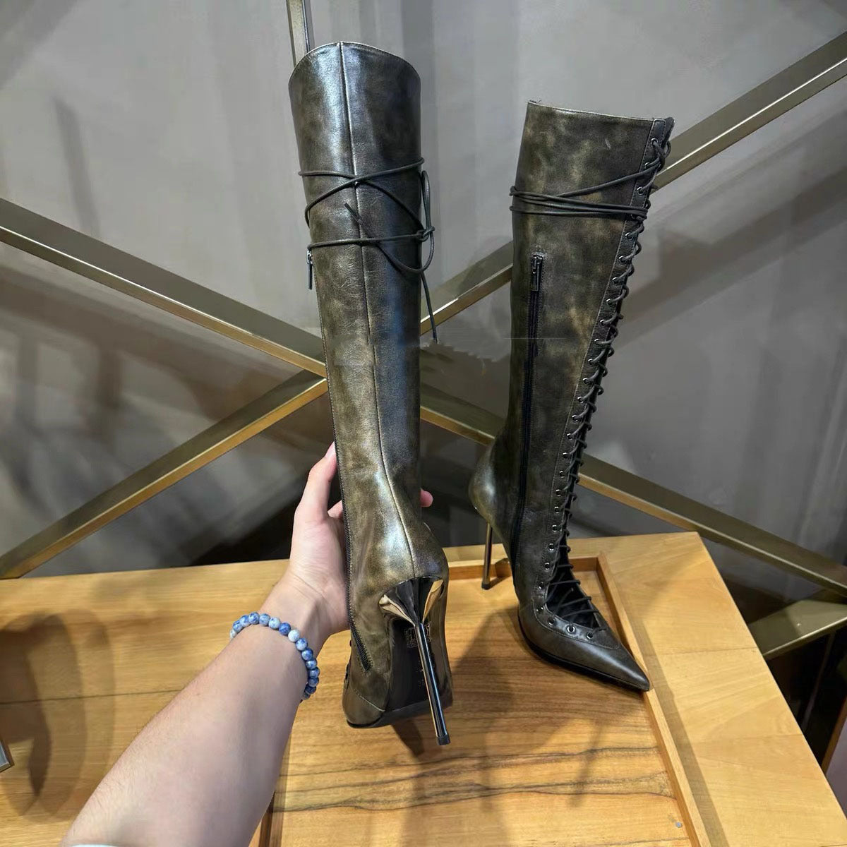 Women's Cutout Pointed Toe Stiletto High Leg Women's Leather Boots