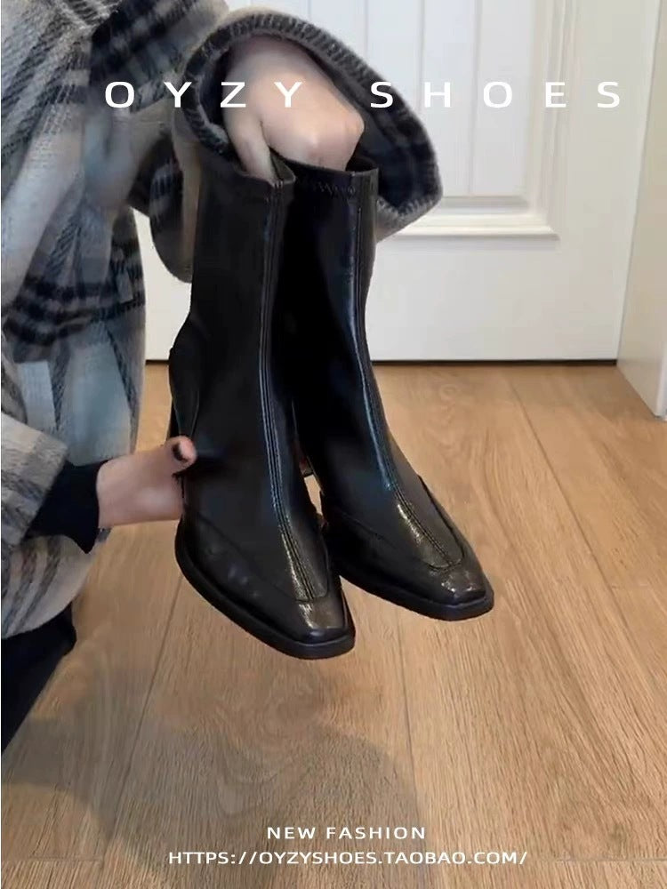 Women's Version Korean Style High Square Toe Skinny Short Chunky Vintage Women's Leather Boots