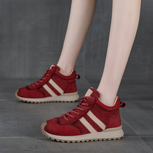 Women's Cowhide German Training Autumn Genuine Retro Lace Up Increased Women's Cotton Shoes