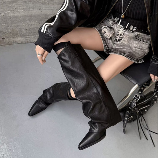 Women's Style High Pantyhose Long Black Thick Women's Leather Boots